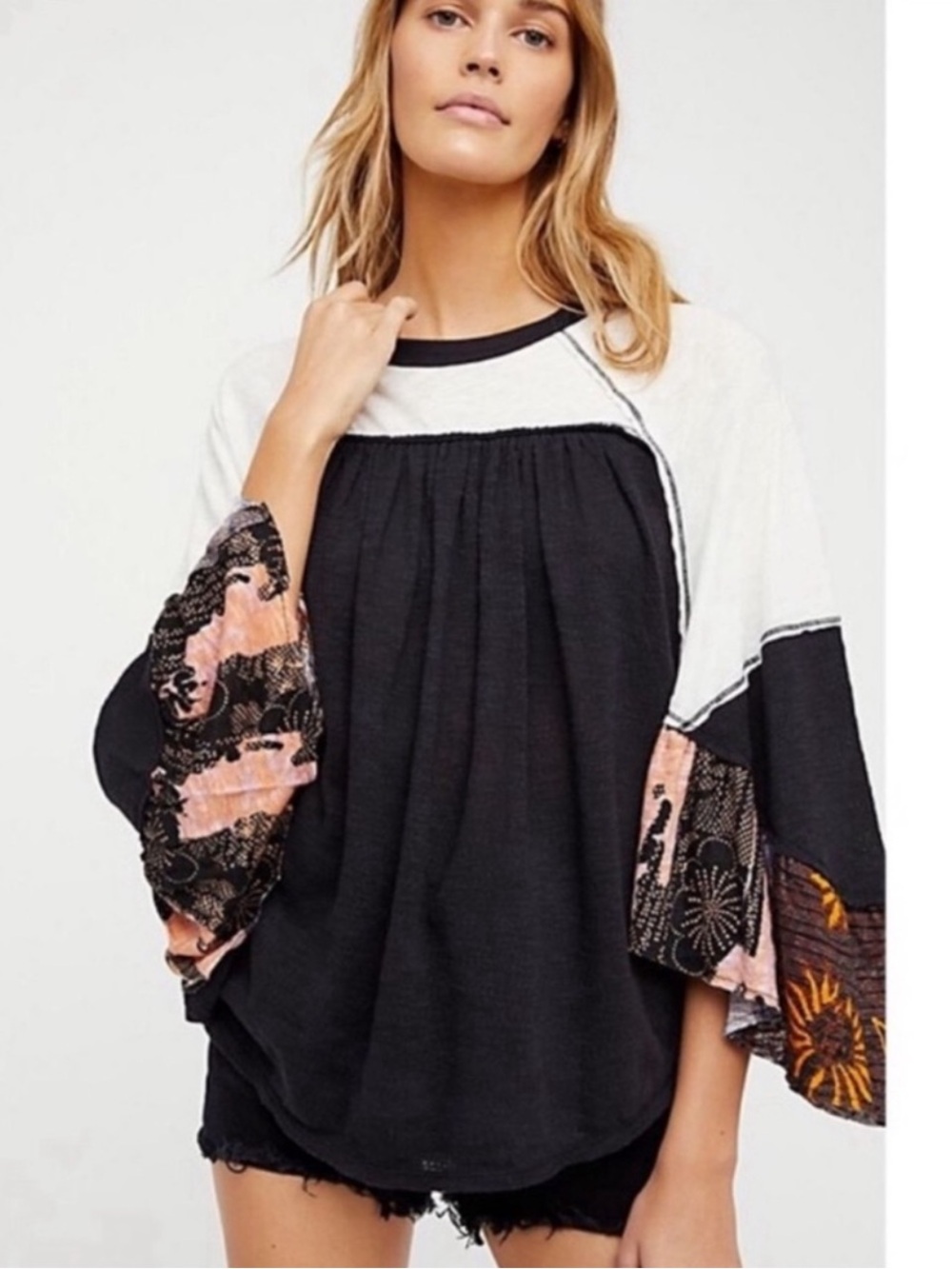 Free People We The Free Friday Fever Mixed Pattern Bell Sleeve Top